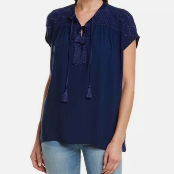 JOHNNY WAS CALMÉ Blue Short Sleeve Peasant Top with Tassels Size Small - Picture 1 of 10